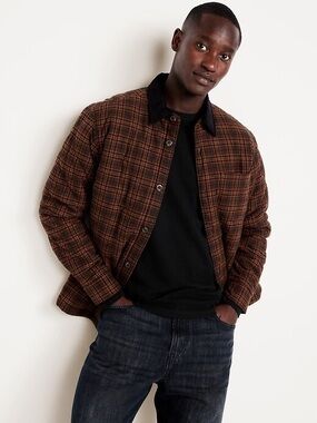 Old Navy Men's Brown Plaid Lightweight Shirt Jacket with Black Collar